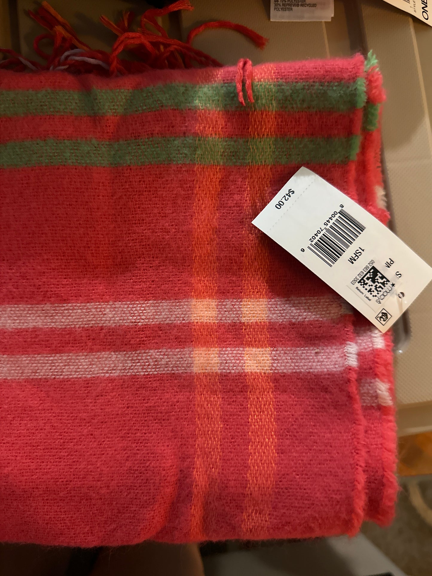 Steve Madden Plaid Fringe-Trim Scarf Pink Multi ONE SIZE