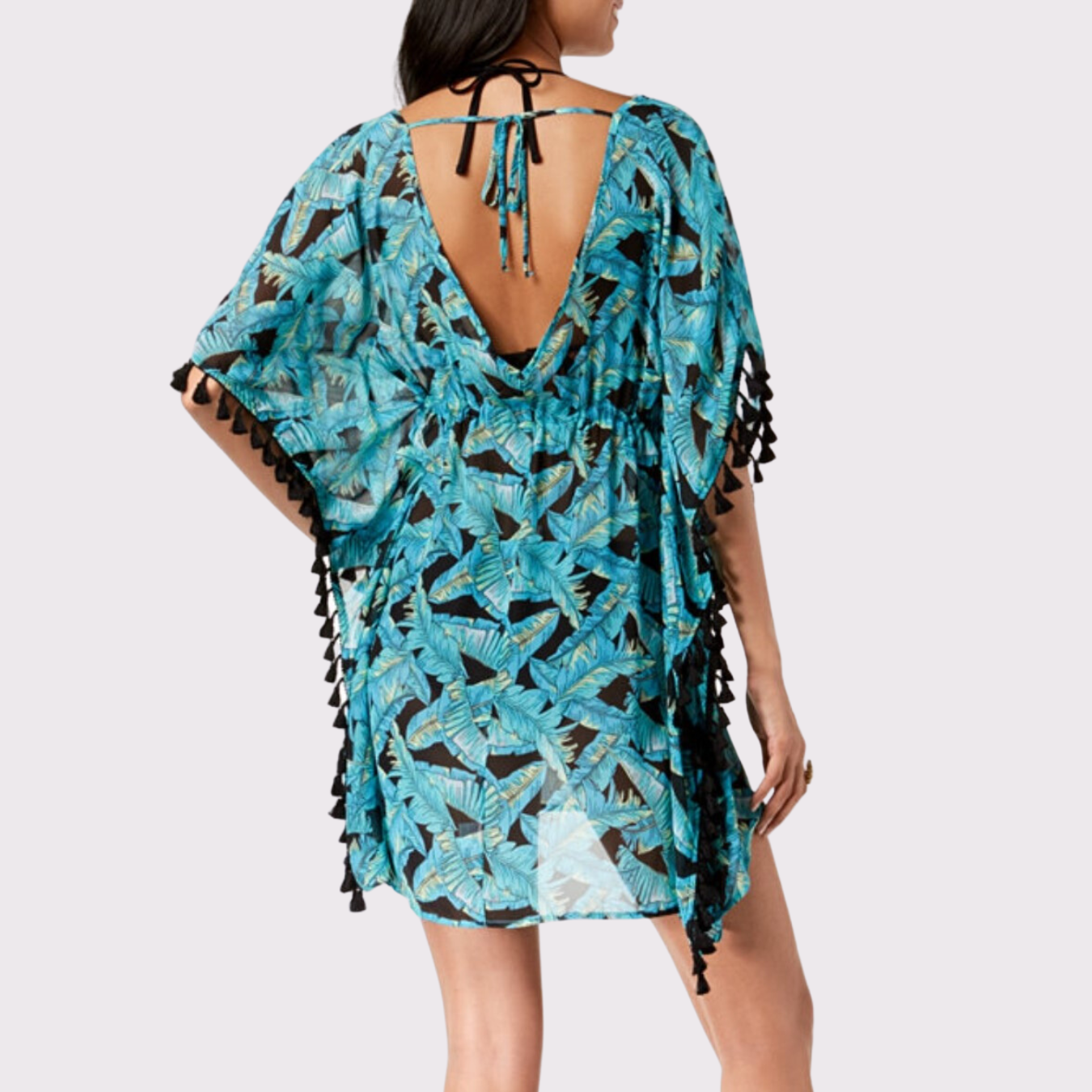 Leaf-Print V-Back Tasseled Tunic Cover-Up