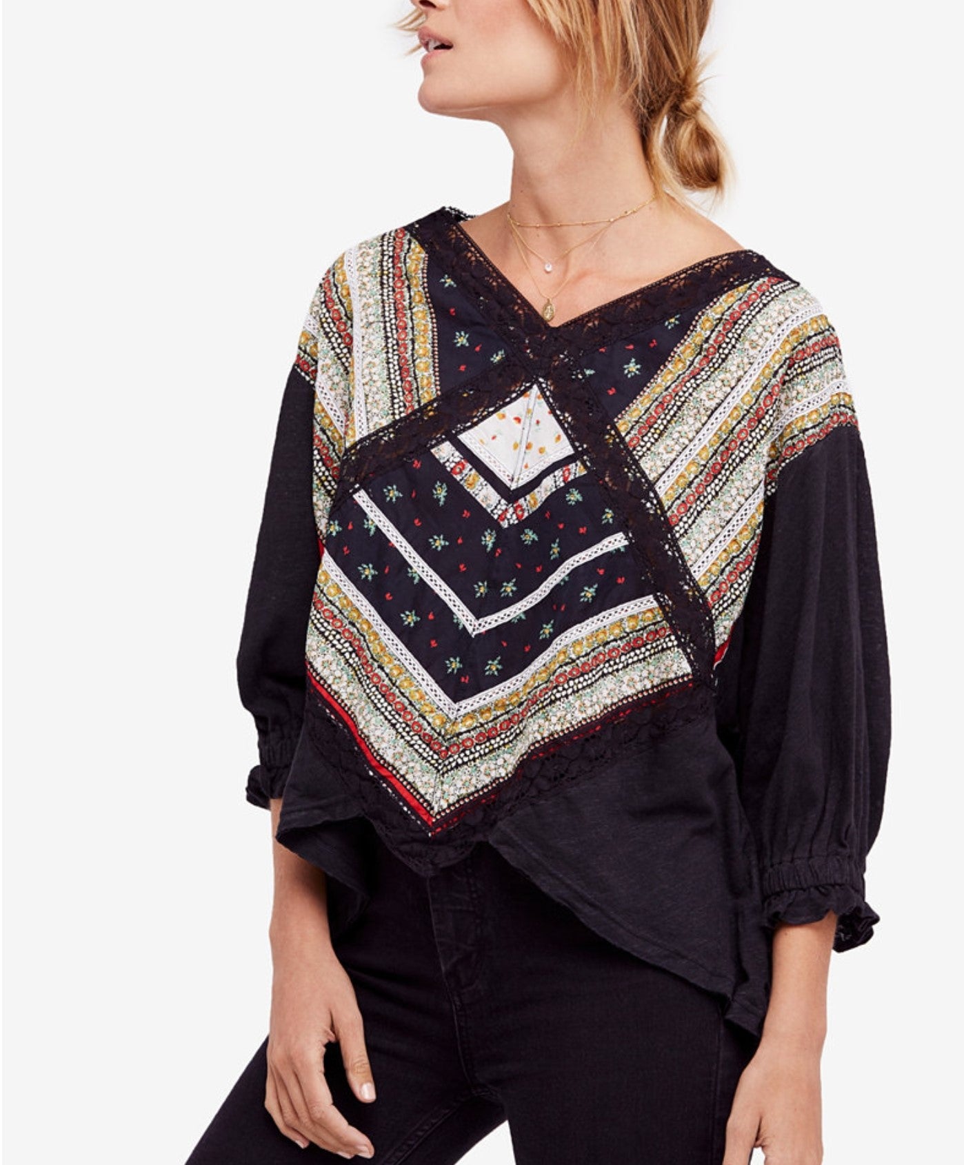 Free People Prairie Days Printed Lace-Trim T-shirt