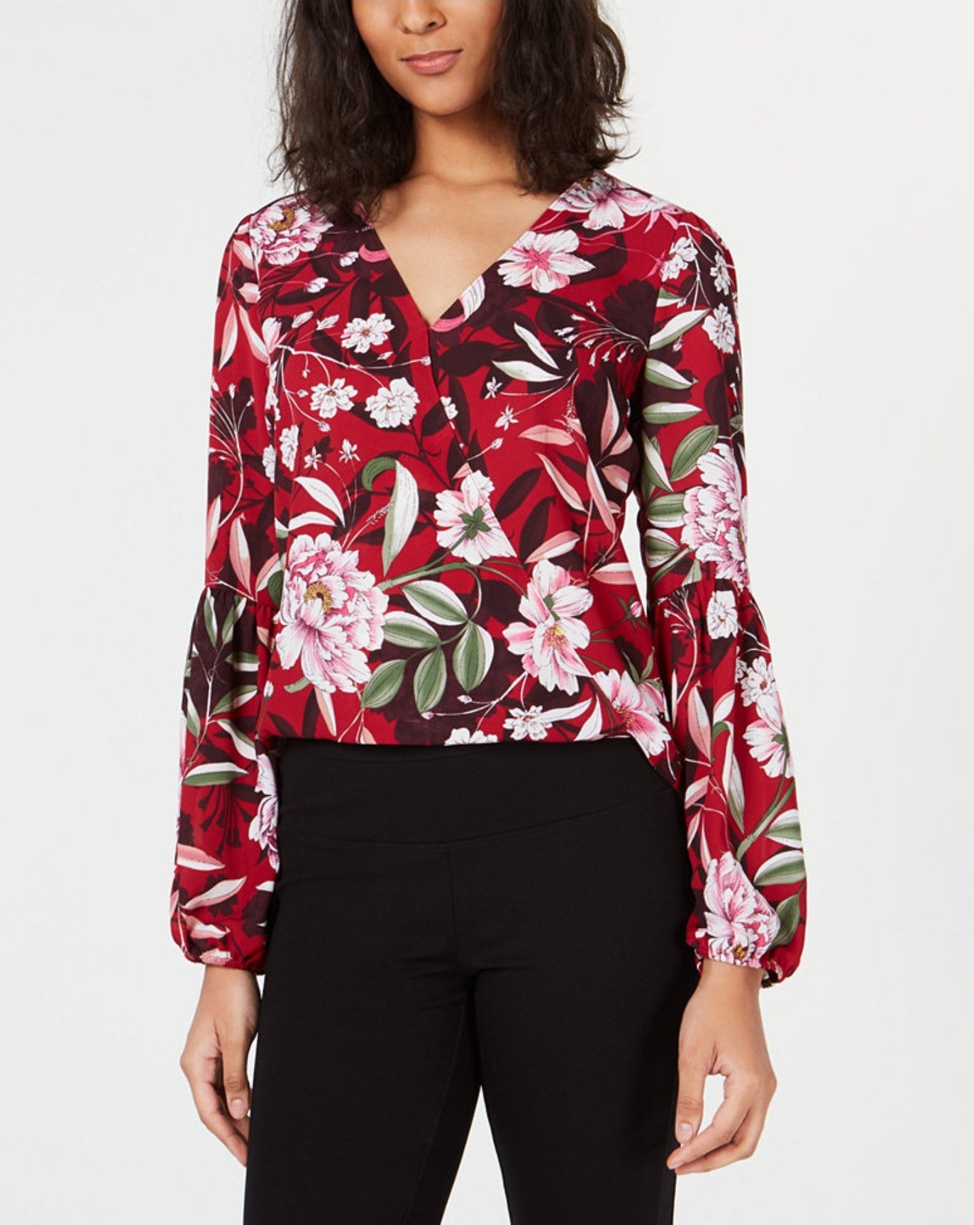 Bar III Floral-Print Faux-Wrap Top