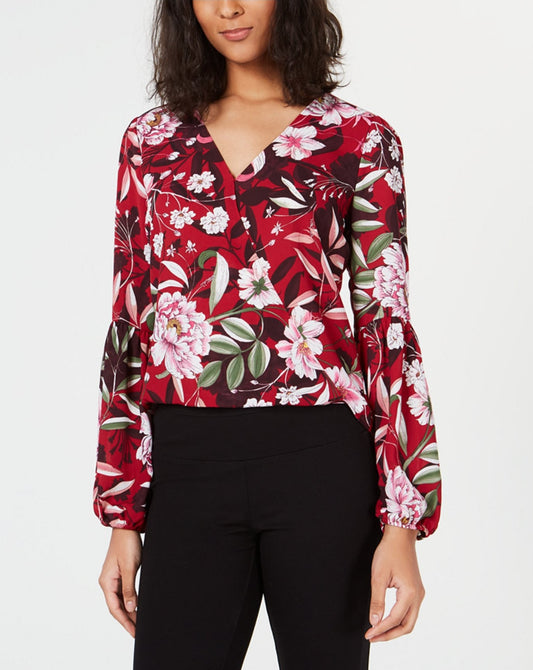 Bar III Floral-Print Faux-Wrap Top