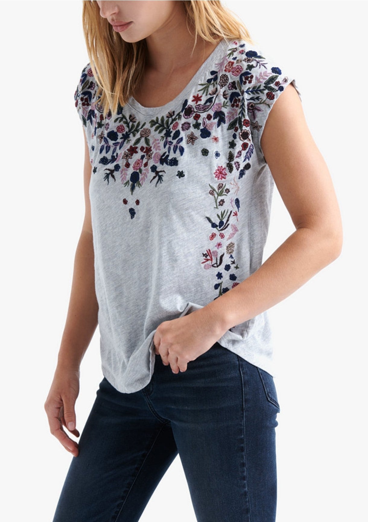 Lucky Brand Flower-Embroidered T-Shirt