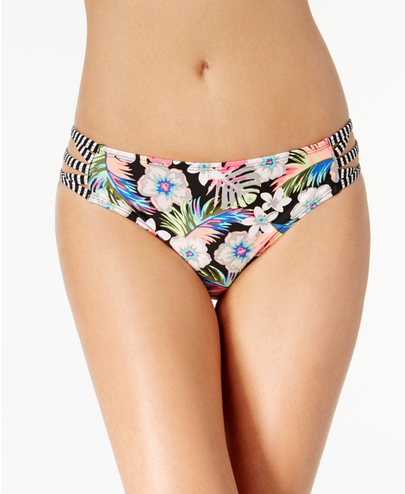 California Waves Juniors' Hibiscus Punch Strappy Hipster Bikini Bottoms