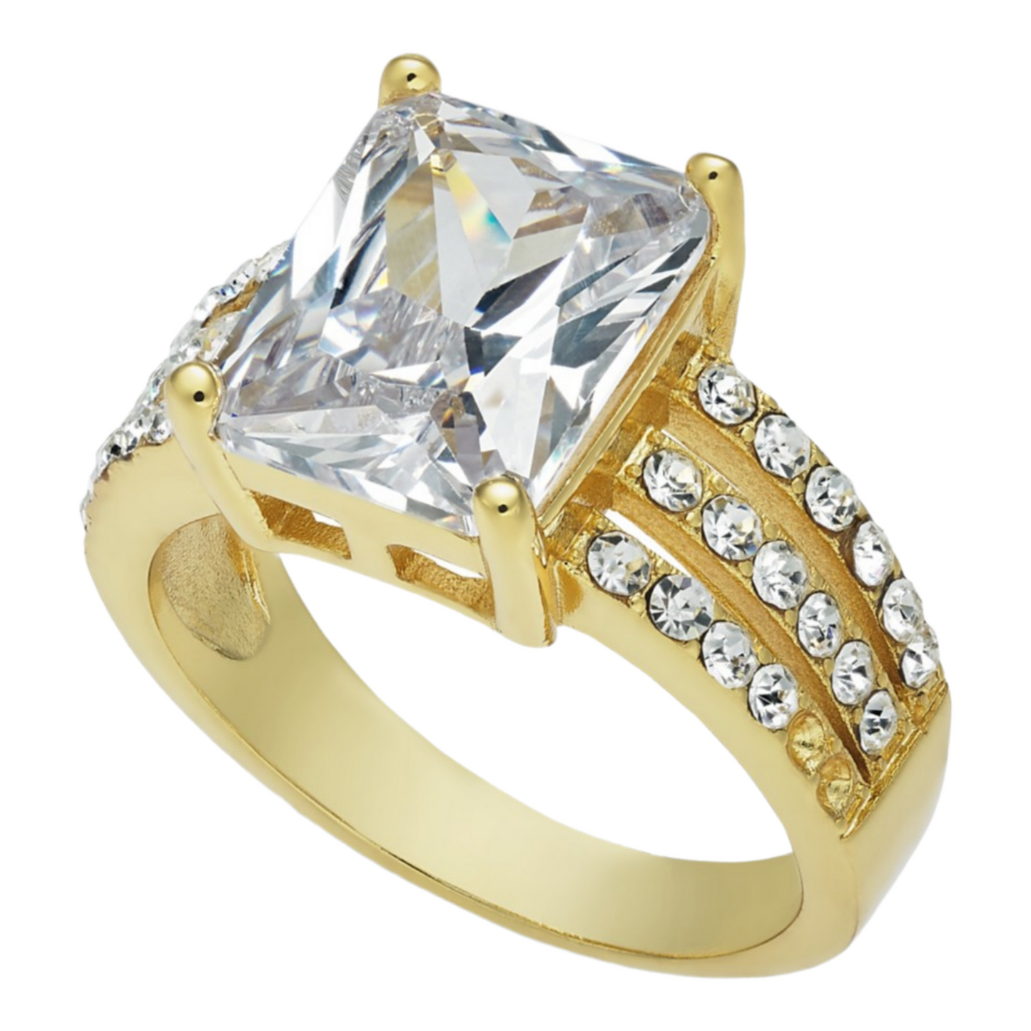 Gold Plate Emerald-Cut Crystal Triple-Row Ring