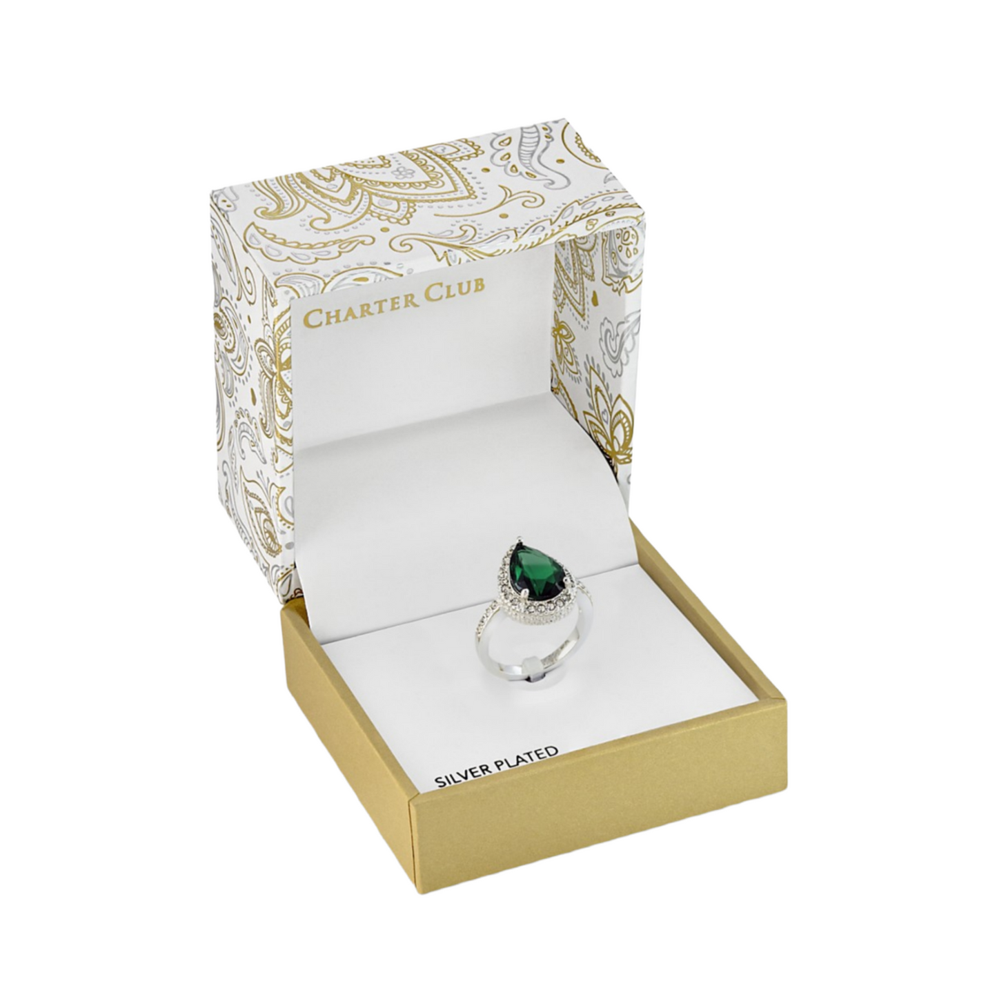 Silver Plated Pavé & Green Pear-Shape Crystal Halo Ring