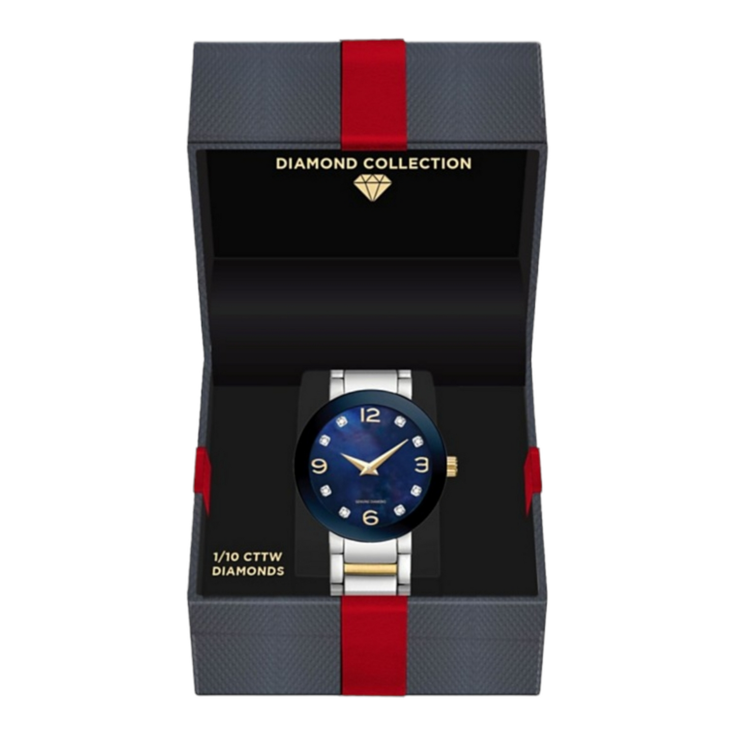 ساعة بسوار من الفولاذ المقاوم للصدأ بلونين مزينة بقوس أحمر وماس