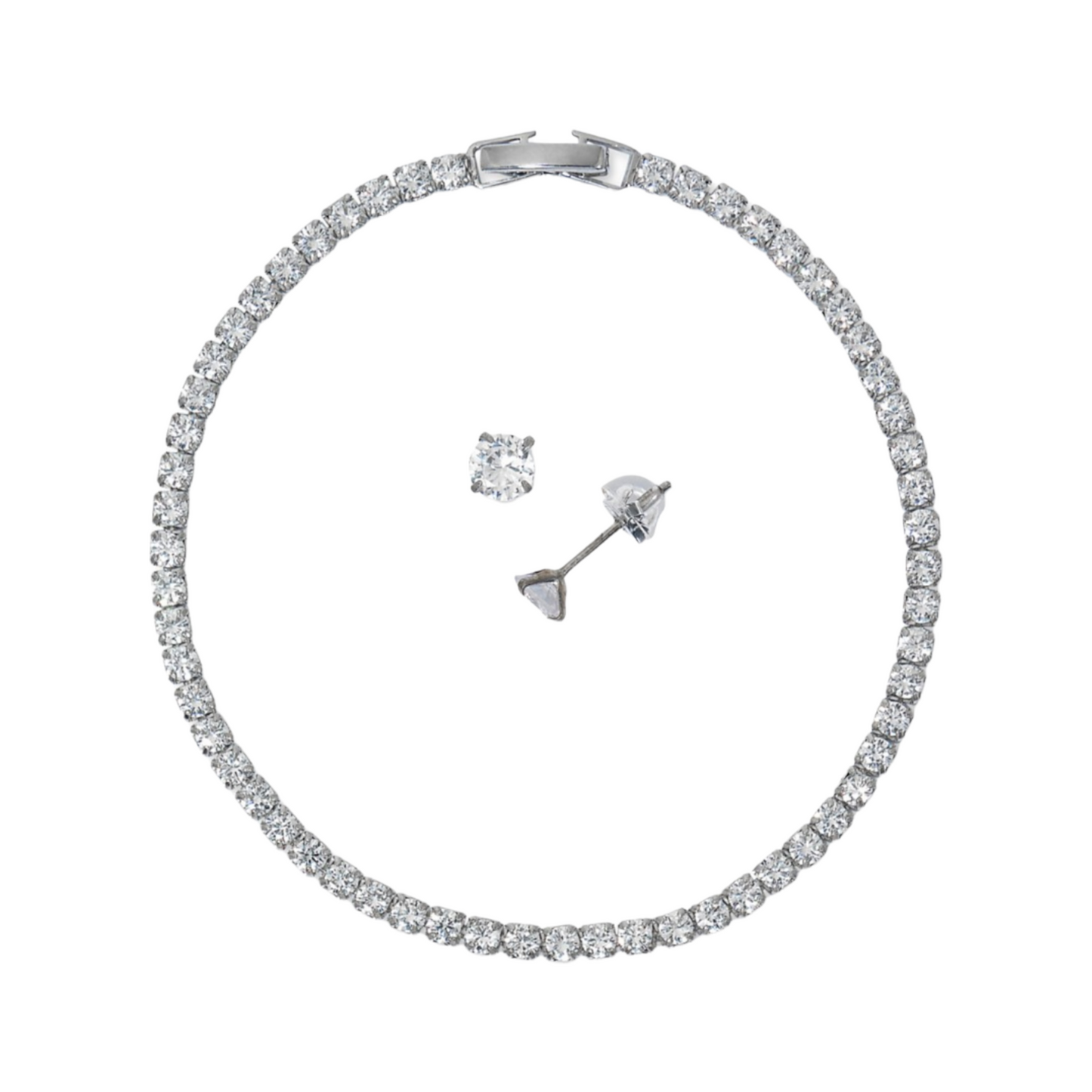 This Sterling Silver tennis bracelet and earring set is made up of 4mm clear
cz's, with a pair of 5mm cz studs, in silver with e-coat. Perfect for gift giving,
this lovely ensemble comes packaged in a gift box with a light sensor, for added
sparkle and shine!
• Set in sterling silver
Approx. bracelet length: 7-1/2"
• Foldover clasp closure
Approx. earring diameter: 1/5"
• Post back closure
●
• Item comes packaged in a gift box with light sensor