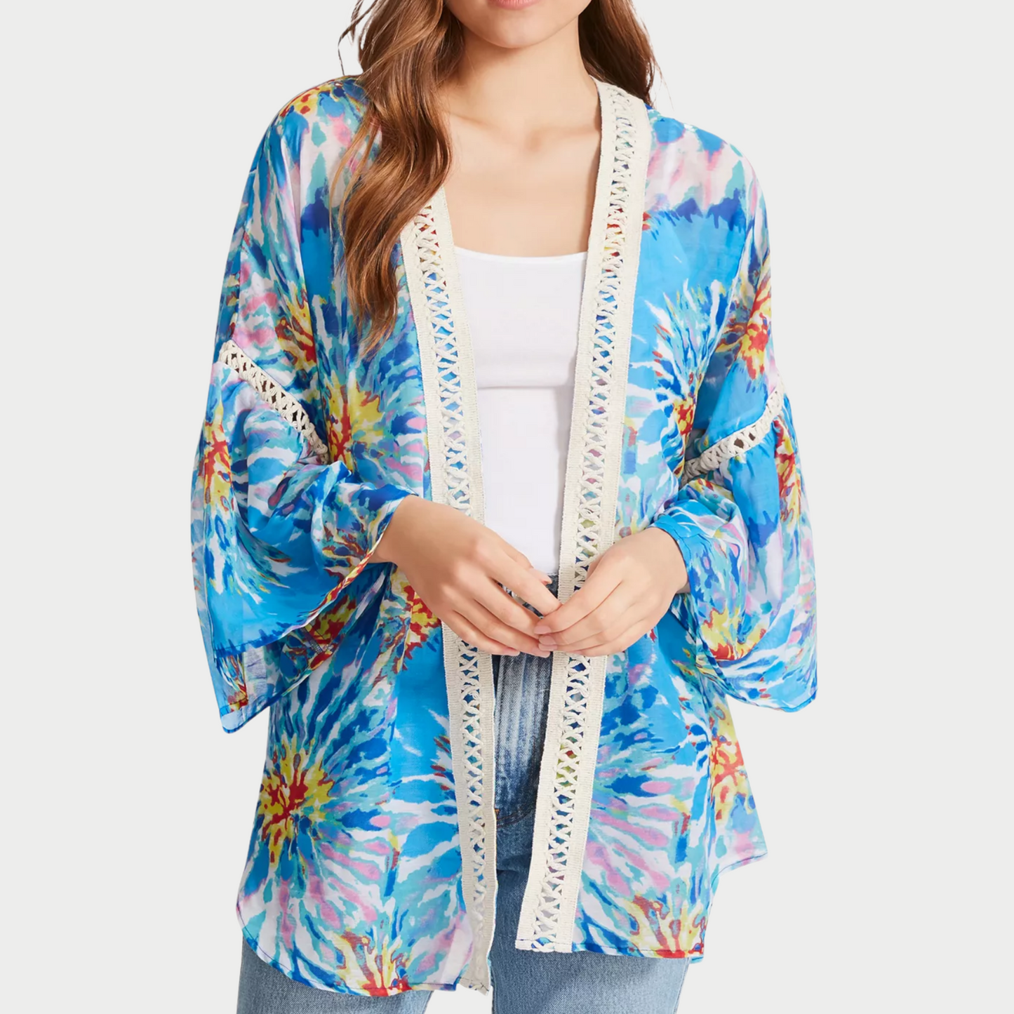 Crochet-Trim Tie-Dyed Kimono