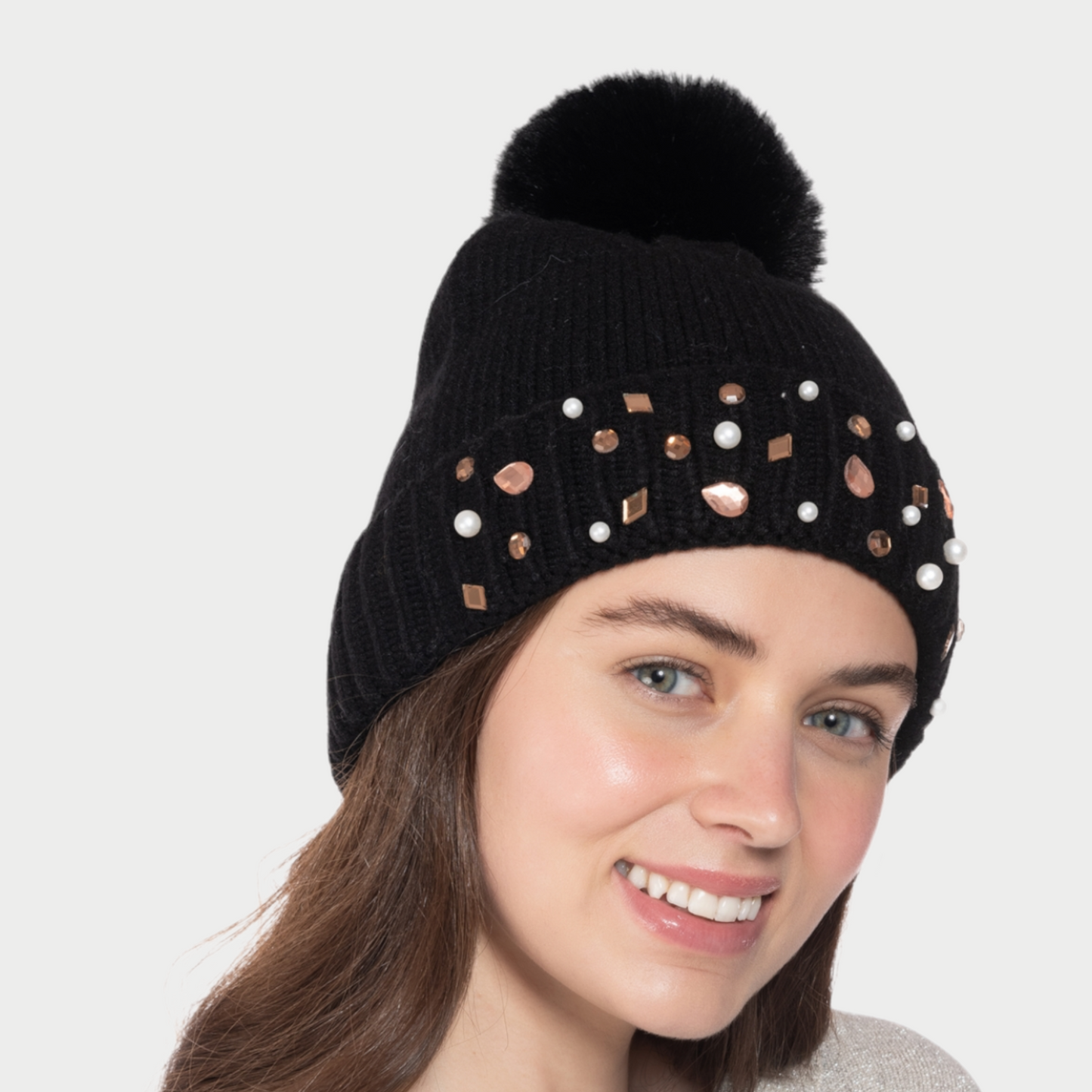 Embellished Pom Pom Beanie