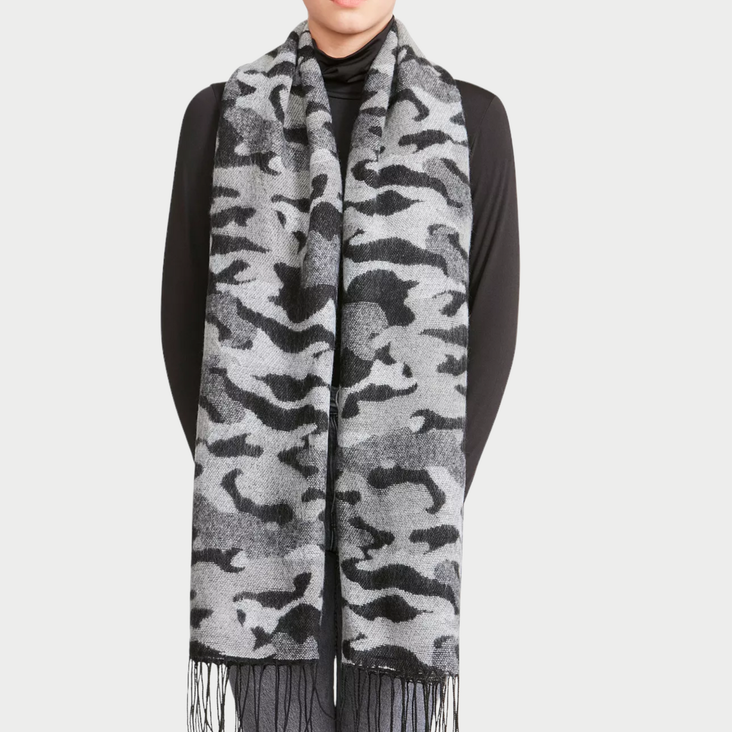 Fringe-Trim Camo Scarf
