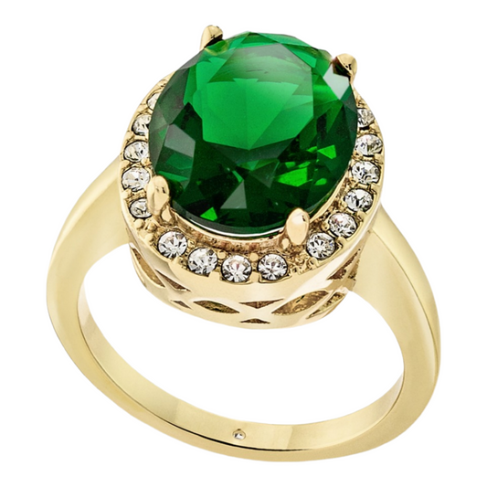 Gold Plated Pavé & Green Oval Crystal Halo Ring,