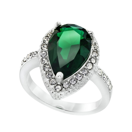 Silver Plated Pavé & Green Pear-Shape Crystal Halo Ring