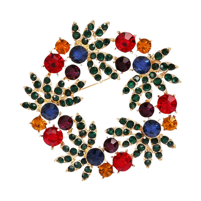 Gold-Tone Multicolor Crystal Wreath Pin