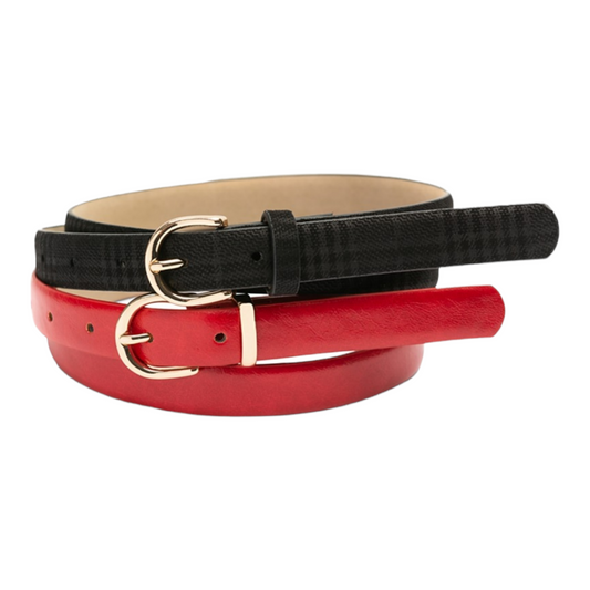 Plaid & Smooth Belts, Set of 2 - red&black