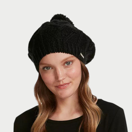 Classic Cable-Knit Beret with Pom Pom