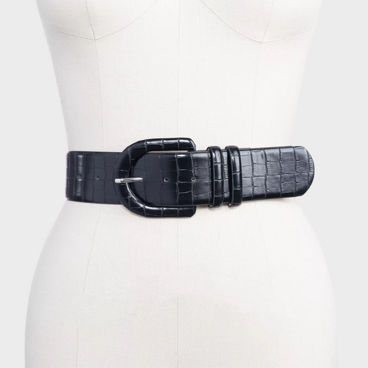 Croc-Embossed Stretch Belt With Covered Buckle